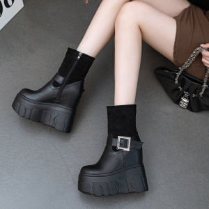 รองเท้าบูทสั้นแพลตฟอร์มส้นสูงพิเศษ 14 ซม. ทันสมัย Martin Boots Retro ยืดได้ ความสูง ผู้หญิง รองเท้าบูท ลำลอง ถุงเท้าถึงกลางน่อง PU หนัง