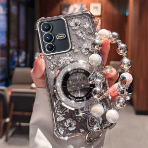 Elegant Floral Phone Case with Magnetic Stand And Bracelet for Vivos12 S12Pro VlvoS12 Women High-End Sensation New Model Quad Corner Anti-Fall Wireless Charging