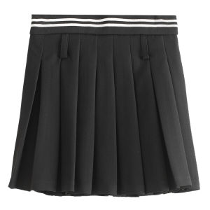 Spring Season Crisscross Pleated Mini Skirt with Light Blocking Strips Elastic Waistband Polyester Viscose Blend Womens Skirt