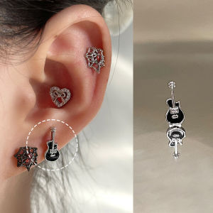 Medical Titanium Steel Ear Studs Unique Store Guitar Note Design Flat Bottom Screw Earrings for Pierced Ears Fashion Jewelry