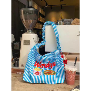 Japanese Style Embroidered Shoulder Bag Womens Large Capacity Tote Crossbody Bag Fun Stripe Design Canvas Fashion Trend