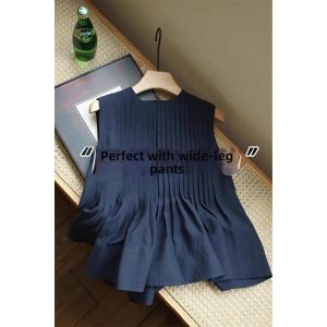 V.C.I | Navy Blue Accordion Pleat Sleeveless Loose Young-Revitalizing Top