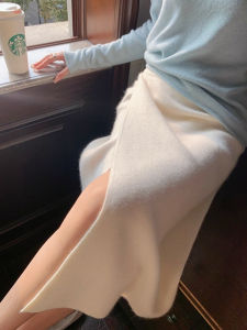Womens Wool Knitting Skirt Fall and Winter Small Stylish Mid Length Long Length Slit Sheath Skirt High Waist Straight-leg Skirt