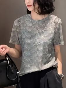 Heavy Duty Rhinestone T-Shirt round Neck Overhead Small Audience Design Sense Slimming Effect Summer New Arrival European Style