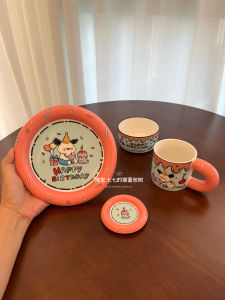 Ceramic Cute Birthday Party Dining Utensils Girls Water Cup Mugs Gift Ins Gift High Aesthetic Value Flat Dish Cartoon Pattern