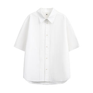 Light Blue Pleated Short Sleeve Shirt Summer Youth Style Sun Protection Outerwear CleanFit Shirt Loose Fit Shoulder Sleeve