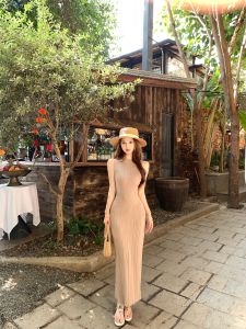 Womens round Neck Sleeveless Vest Dress Spring Summer Slimming Gentle Design Korean Style Waist-Cinched Midi Skirt