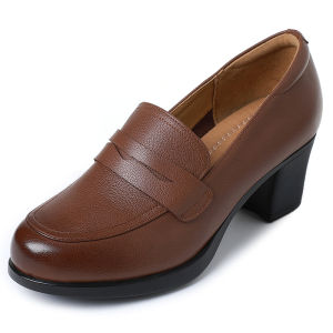Comfortable Soft Leather Mom Shoes Spring New Style Chunky Heel Fashionable Single Shoes Womens Autumn Spring Soft Leather High Heels