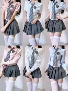 Sweet School Uniform Set with Waist-Cinching Short Sleeve Pink Shirt And Pleated Skirt for Short Women Polyester Blend