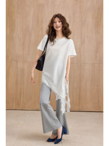 Summer T-Shirt with Lace Edges and Asymmetrical Hem Women