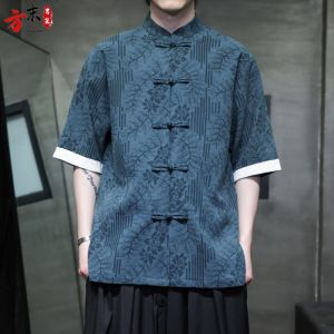New Chinese Style Mens Summer Thin Cotton Linen Short Sleeve Shirt Retro Loose Tea Costume Large Size Trendy round Neck T-shirt