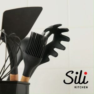 SILI Silicone Kitchen Utensils Set with Holder (5 10pcs) - Stainless Handle High Heat Resistant