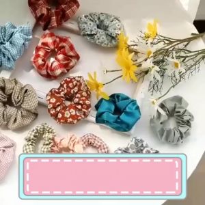 Ikat Rambut Korea Karet Rambut Scrunchie Kain Motif Kotak Bunga Pastel