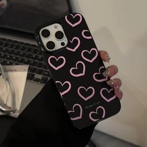 เคสโทรศัพท์ลายหัวใจสไตล์ญี่ปุ่นเกาหลีสีดำกันกระแทกสำหรับ iPhone 16 Pro Max 15 14 13 12 11 X