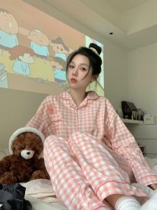 Cartoon Loopy Plaid Pure Cotton Long Sleeve Sleepwear Womens Spring Autumn Cute Japanese Style Sweet Home Clothes Set