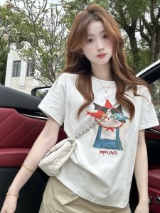 SUSHOUWANGE | Korean Style Cat Print Loose Short Sleeve T-shirt White