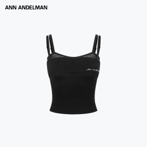 ANN ANDELMAN | Faux Two-Piece Mesh Knit Double Spaghetti Strap Sleeveless Top