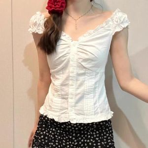 BrandyGirl Womens Plaid Short Sleeve Shirt V-neck Single Button Fly Sleeve Cotton Nylon Slim Fit Commute Style Summer T-shirt