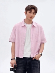 ManStyle-a Box Fit Polo for Men Crop Top stripe cotton short-sleeved Korean style shirt