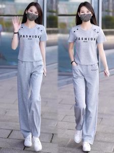 Casual Short Sleeve Sportswear Set Womens Fashion Summer Outfit 2024 Slimming Wide Leg Pants Trendy Two Piece Set