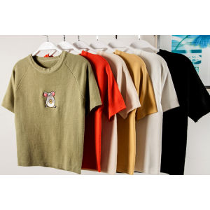 Áo Thun Tay Ngắn Mùa Hè Bằng Lụa Băng Thêu Hoạt Hình Dáng Rộng Rãi Thoải Mái Thấm Hút Mồ Hôi Mặc Thường Ngày