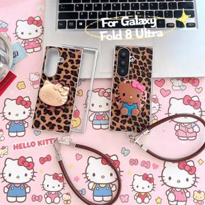Sanrio | HELLO KITTY Holder & Leopard Leather Magnetic Phone Case for Samsung Galaxy Z Fold 8 Ultra 7 6 5 4 Bracket Lanyard Protect Cover