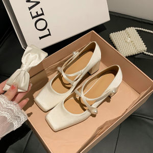 รองเท้าส้นสูงมุกฝรั่งเศสรองเท้าแมรี่เจน ผู้หญิง ปมผีเสื้อ เรียบหรู รองเท้าแต่งงานเดี่ยวสไตล์บัลเล่ต์หัวเข็มขัดนางฟ้า