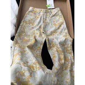 Womens Jeans Y2k Jeans 2025 Autumn Winter Yellow Tie Dye Design Straight Leg Pants Loose Wide Leg Camouflage Pattern Style