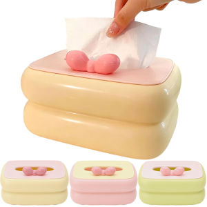 Kawaii Desktop Tissue Box / Candy Color Bow Design Napkin Holder / Household Living Room Plastic Tissue Dispenser / Wide Mouth Paper Storage Organizer