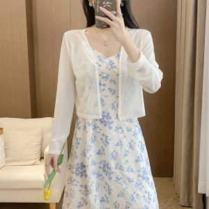 เสื้อคลุมกันแดดแขนยาวบางฤดูร้อนสำหรับผู้หญิง เสื้อคลุมคาร์ดิแกนแบบเปิดไหล่ ชุดเดรสยาว ผ้าไหม คอวี แขนยาว ทรงเข้ารูป