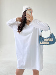 Long Sleeve V-Neck T-Shirt Womens Spring Autumn Loose Pure Cotton plus Size Lazy Style Top Base Shirt Korean Style Commute