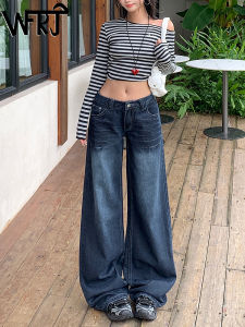 Retro Wide Leg Straight Cut Blue Jeans Womens Fashion Slimming Cat Scratch Pattern Loose Low Waist Denim Pants Autumn New Arrival