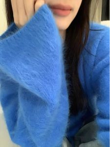 Soft Cozy Klein Blue Mink Velvet Knitted Sweater Womens Loose Lazy Style Cashmere Knitwear Autumn Winter round Neck Long Sleeve