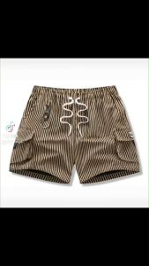 23058#Summer mens solid color striped above the knee multi-pocket design casual and fashionable duab ku Menswear Short