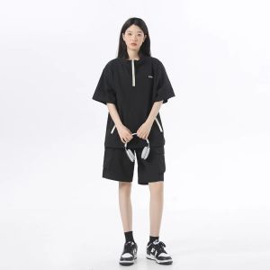 Retro Bubble Loose Fit Short Sleeve Shorts Set for Couples Summer Casual Wear Teenager Boys T-Shirt