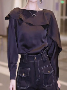 SUOXIMENG | Large Size Black Ruffle Sleeve Patchwork Long Sleeve Shirt Womens Fashion Trend Autumn New Style Elegant High-End Business Casual Loose Fit