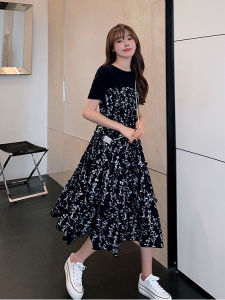 Váy Dài Tay Ngắn Mùa Hè Cho Bà Bầu Phong Cách Hàn Quốc Giả Hai Mảnh Che Bụng Dài qua Đầu Gối Váy Hoa Đa Năng Cỡ Lớn