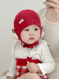 หมวกผ้าขนสัตว์ฤดูใบไม้ร่วงและฤดูหนาวสำหรับเด็ก เข็มขัดหูปีก หมวกผ้าขนสัตว์สีแดงปีใหม่ หมวกปีกหนา หมวกเด็กผู้ชายและผู้หญิง