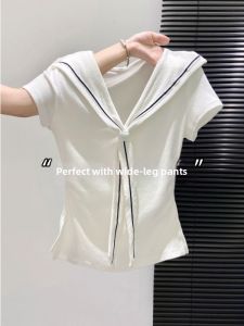 Navy Collar Shoulder Fit Tunic Slim Waist Womens T-shirt