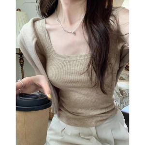 Gray Knitted U-Neck Wide Strap Vest Women Summer Suit Inner Wide Edge Sports Vest Slim No Sleeve Top Commute Style Short Length