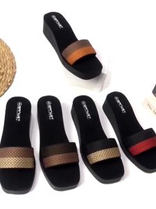 Sandal Wedges Wanita Dewasa Dua Warna Rajut Turki Bordes Terbaru