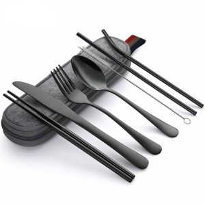 8Pcs/set Portable Reusable Travel Cutlery Set Camp Utensils Set Tableware Spoon Fork Chopsticks Straw with stainless steel case