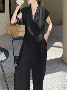 Shalldoer | Summer Outfit Womens High-End French Noble Pure Color Vest Wide Leg Pants Two-Piece Set Fashionable Elegant Casual Wear