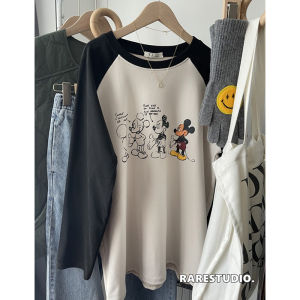 เสื้อยืดคอกลมแขนยาวผ้าขนแกะหนาแบบสองด้านสำหรับผู้หญิง ทรงหลวม ลายมิกกี้เม้าส์ เสื้อชั้นในฤดูหนาว แฟชั่นเกาหลี