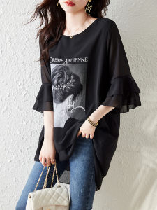 September Momo Summer New Arrival European Goods Loose Mid Length Long Length Chiffon Shirt Womens Plus Size Slim Looking Versatile Half-Length Sleeve Top Tide