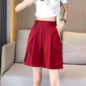 กางเกงขาสั้นทำงานผู้หญิงแห้งเร็วเอวสูง 5 ชิ้น กางเกงขายาวทรงหลวมสีเขียวทหารสำหรับฤดูร้อน กางเกงขายาวลำลอง