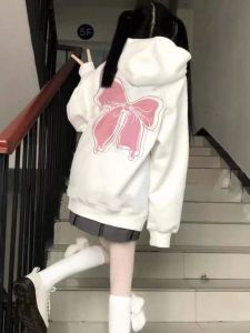 Girls Hooded Sweatshirt with Bow Knot Fleece Lined Thickened Loose Fit Spring Autumn Winter Student Casual Top for Kids