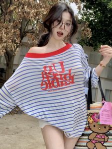 GUZILIAN | เสื้อแขนยาวป้องกันแสงแดดลายทางบางๆ ทรงหลวมสบายๆ สำหรับฤดูร้อน เสื้อผ้าทำงานสไตล์ลำลองสำหรับเด็กผู้หญิง