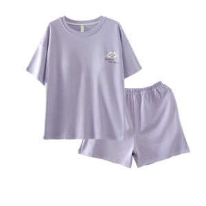 MiiOW | ชุดนอนผู้หญิงผ้าฝ้ายแท้แขนสั้นฤดูร้อน ชุดอยู่บ้าน ชุดนอนแบบสวมหัว ทรงหลวม คอกลม ลายสีพื้น ชุดอยู่บ้านสำหรับกลางแจ้ง