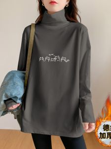 Womens Turtleneck Dralon Bottoming Shirt Thickened Inner Wear Fall and Winter Plus Size Plus Size Ladies Fleece-lined Warm and Loose Printed Long-Sleeved Top